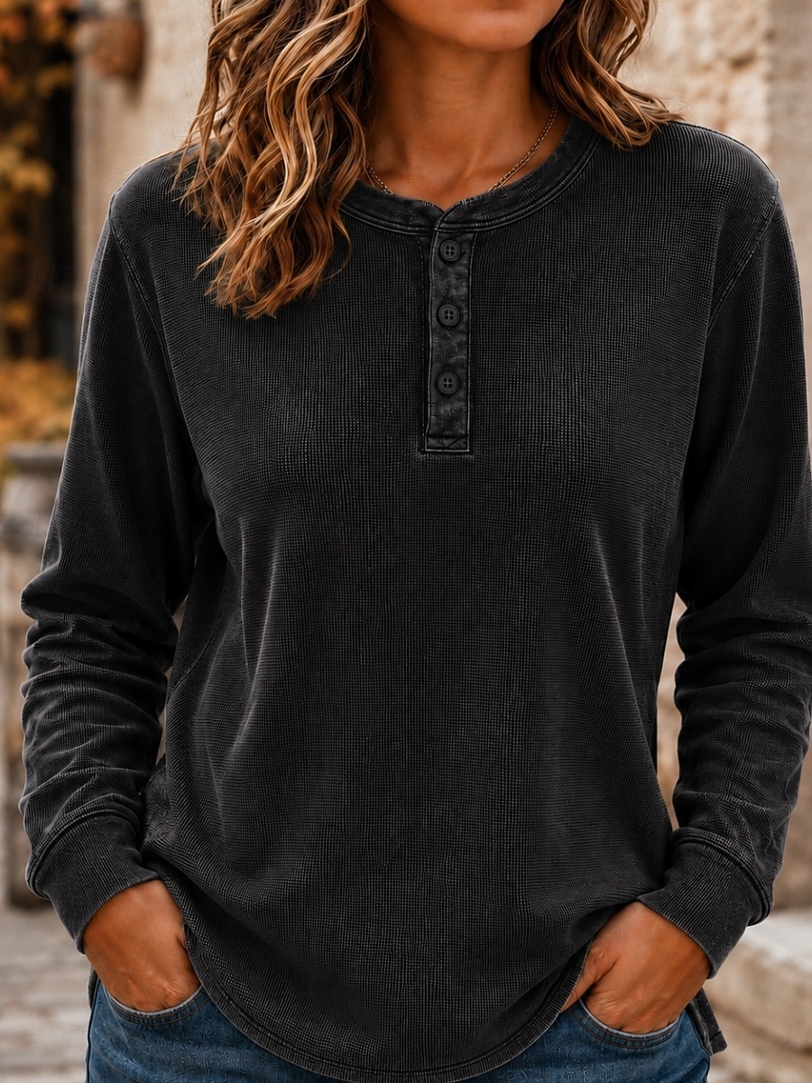 Per donna Camicia a nido d'ape Cotone lavato Pullover Tinta unica Casual Manica Lunga Henry Collar Top Regolari Casuale Nero Verde scuro Mattone rosso Blu scuro Beige Autunno Inverno del 2026 a $37.99 –P4