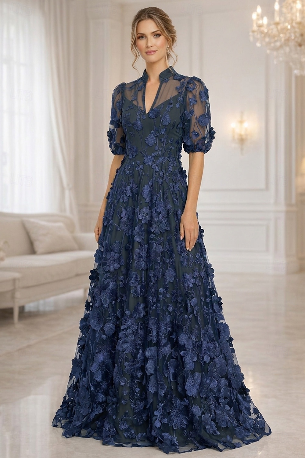 Corte A Hasta el Suelo Vestido de Madrina Manga Corta Escote en Pico Elegante Vintage Lujoso Formal Invitado a la boda Fiesta de Boda Encaje Tul con Flores 3D Bordados Flor 2026 - $194.99 –P9