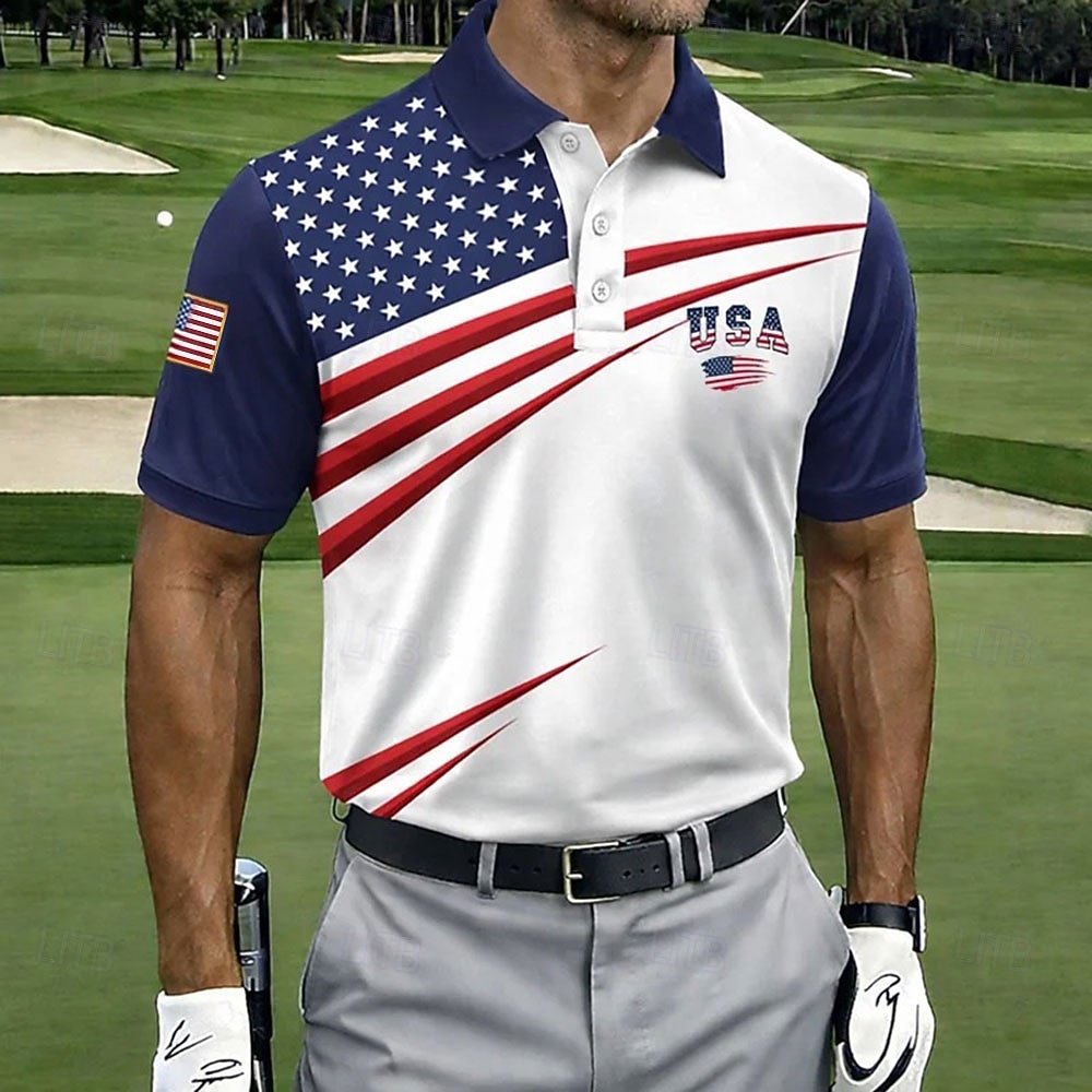 2026 250º Camisetas Polo de Golfe Masculinas com Bandeira Americana dos EUA de Manga Curta Camisetas com Colarinho Moda Casual Botões Primavera e Verão Azul Branco Vermelho de 2026 por $22.99 –P1