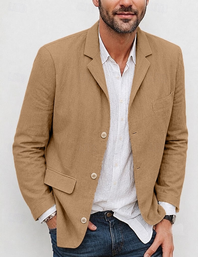 Hombre Chaqueta ligera Chaqueta americana Chaqueta de lino Formal Oficina Otoño Algodón y lino Color sólido Confortable Botonadura Simple Chaqueta de sport Verde Claro Azul Marino Marrón Color Caquí 2026 - $63.99 –P5