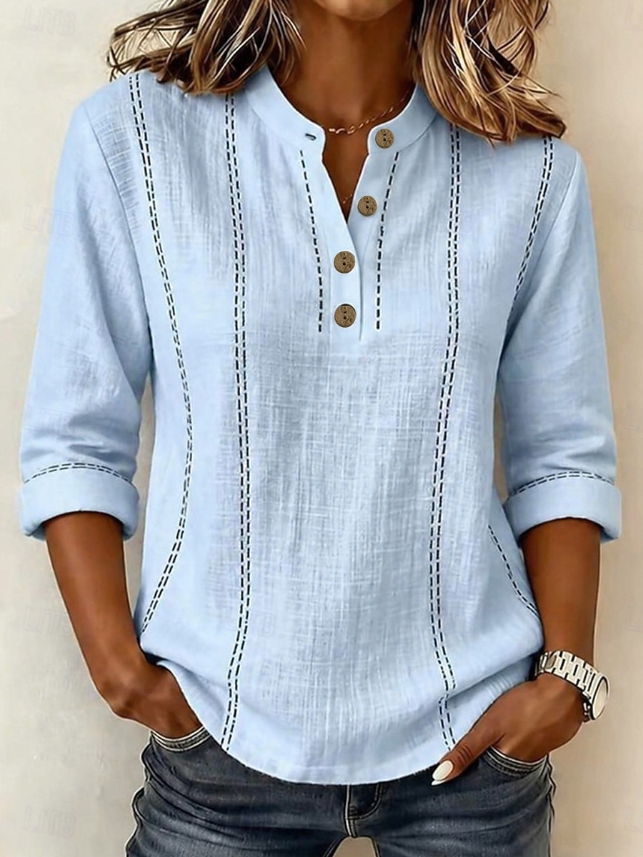 Mujer Camisa Camisas de algodón y lino Vacaciones Vintage Diario Escote Chino Tops largos Casual Diario Trabajo Azul Piscina Rosa Beige Verano Primavera 2026 - $28.99 –P6