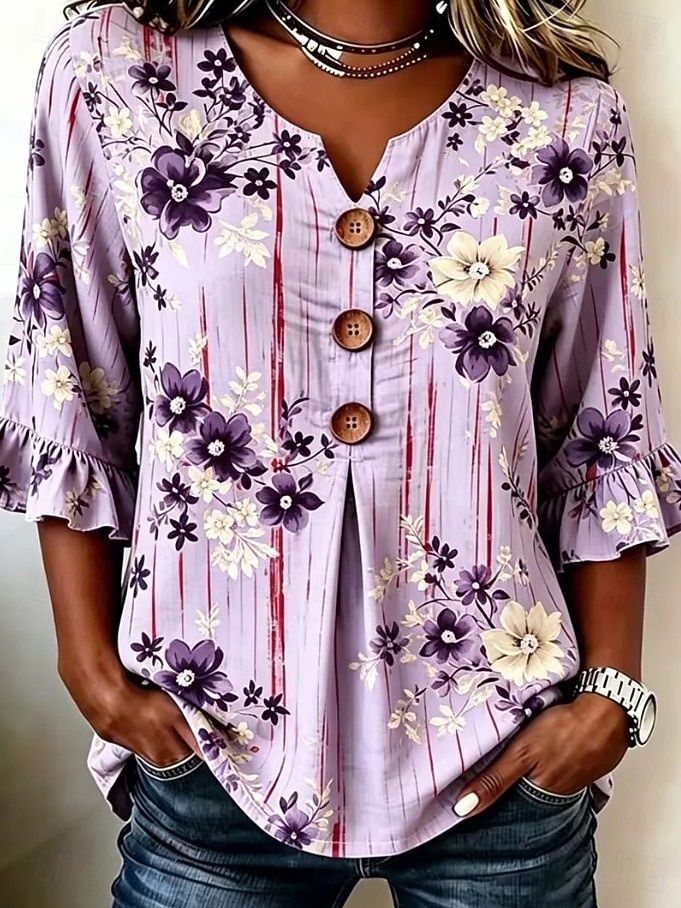 Women's Shirt Patchwork Buttons Print Graphic Striped Vintage Stylish 3/4 Length Sleeve V Neck Long Tops Casual Daily Holiday Purple Brown Grey Summer Spring 2026 - $26.99 –P6