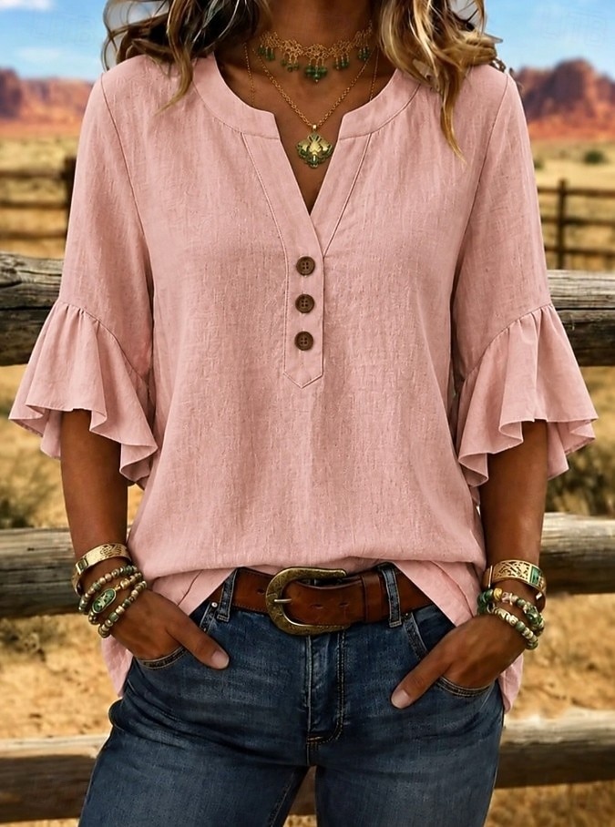 Per donna Camicie effetto lino Blusa Camicia di cotone Volant Bottoni Tinta unica Quotidiano Elegante Casual Manica 3/4 Scollo a V Top corti Casuale Quotidiano Blu Giallo Rosa Verde Beige Estate del 2026 a $26.99 –P6