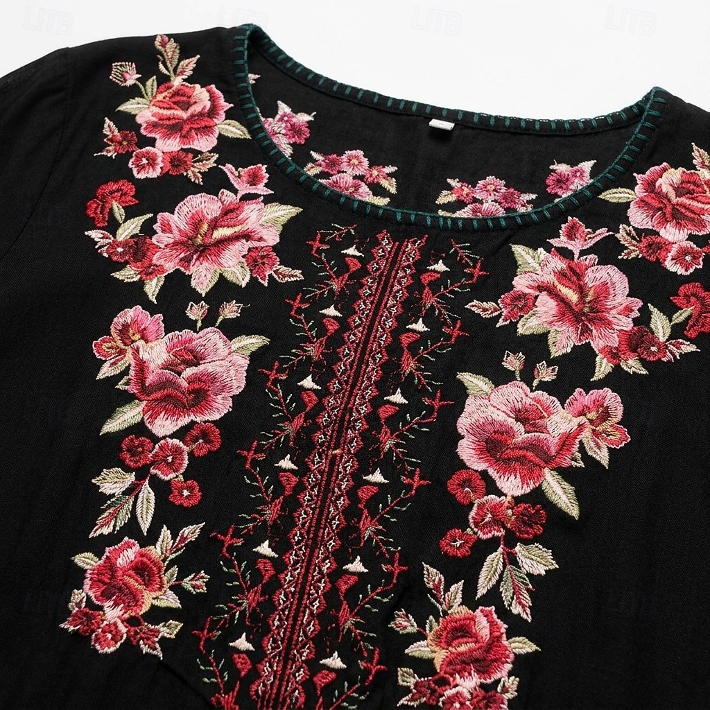 Women's Embroidered Tunic Shirts 100% Cotton Boho Shirt Floral Elegant Bohemia Vacation 3/4 Length Sleeve Crew Neck Long Tops Casual Black Summer Spring Fall Winter 2026 - $65.99 –P2