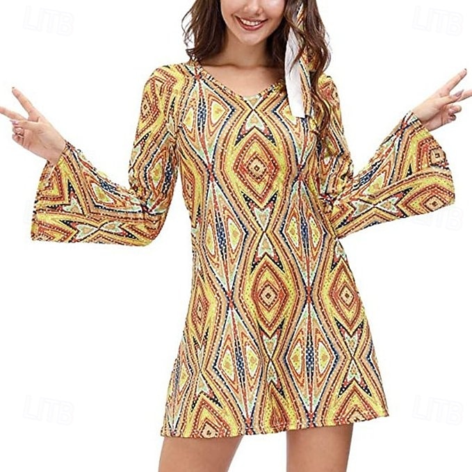Rétro Vintage Hippie Années 1970 Robe Manches Evasées Hippie Géométrique Déguisement Femmes Mascarade Soirée & Fête Défilé de la Fierté Mois des Fiertés Adulte Robe de 2026 ? $30.99 –P1