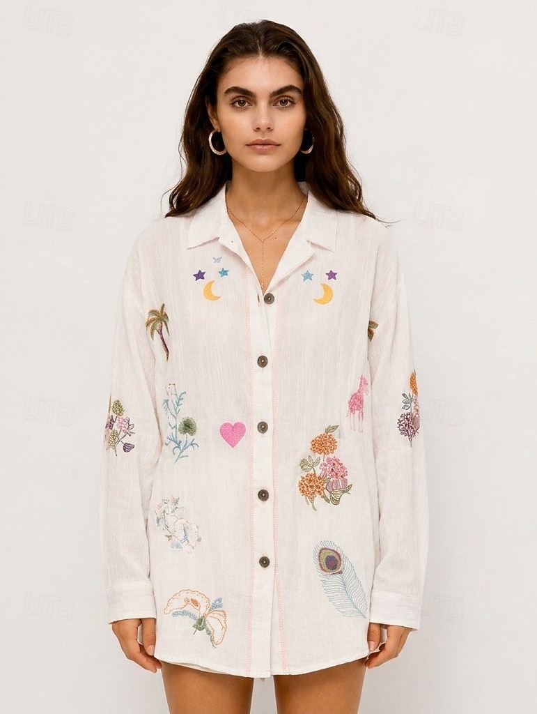 cămașă brodată pentru femei, cămașă boho, cămașă casual, cu volane, boemă, vacanță, tropical, mânecă lungă, topuri obișnuite, casual, alb, vară, primăvară, toamnă, iarnă 2026 - $54.99 –P3