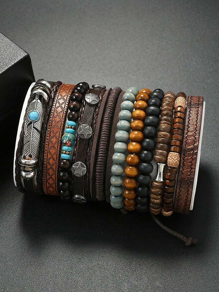 Boho-Armbandset für Herren, 11-teiliges Set aus stapelbaren Armbändern aus Holzperlen, Legierung und Leder, lässiger Sommerschmuck für Strandurlaub, Reisen, Festivals, Partys und den Alltag 2026 - $14.99 –P3