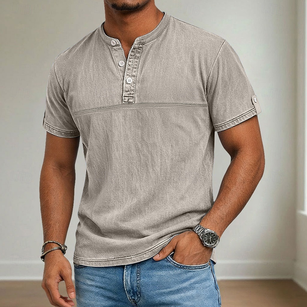 Men's Henley Shirt 100% Cotton Acid Wash Shirt Short Sleeve Henley Summer Spring Fall Plain Retro Vintage Casual Vintage Style Washed Casual Light Blue Dark Brown Black Top Tee for Men 2026 - $31.99 –P4
