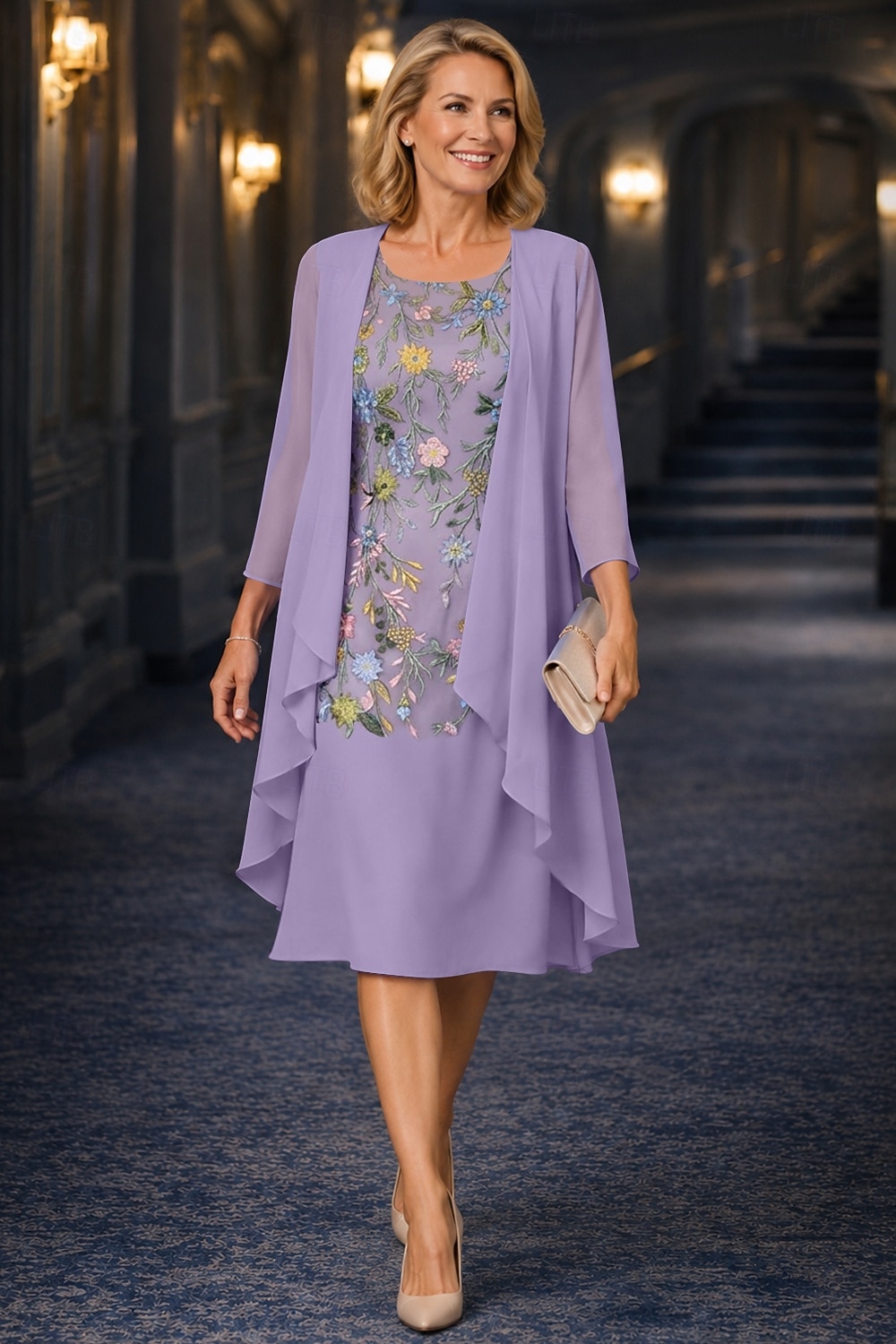 Două Piese Linia -A Lungimea ceaiului Rochie Mama Miresei Lungime Manșon 3/4 Manșon Jumate Scoateți gâtul Elegant Simplu Casual Oficial Invitat la nunta Petrecere Logodnă Șifon Dantelă Rochii jacheta 2026 - $148.99 –P4