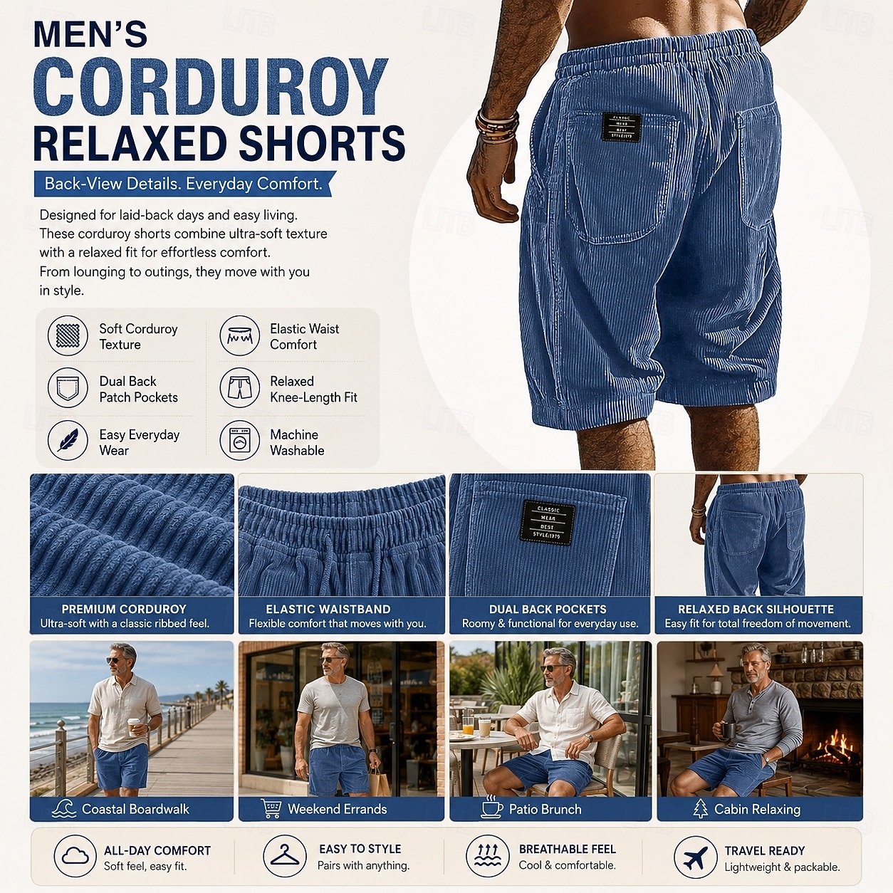 Per uomo Shorts Pantaloncini casual Pantaloncini di velluto a coste Tasca Elastico in vita Semplice Traspirante Lunghezza al ginocchio All'aperto Vacanza Abbigliamento quotidiano Vacanza Moda Nero del 2026 a $22.99 –P19