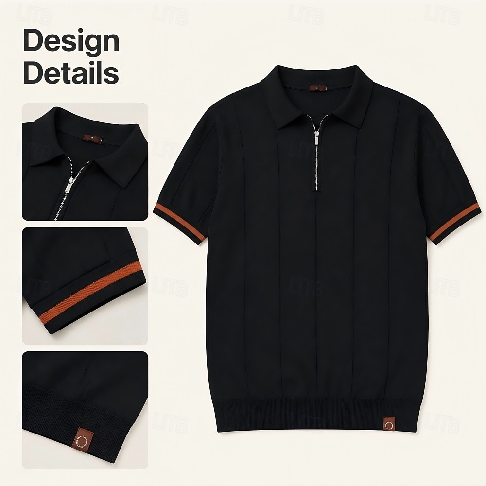 Herre Polo Strikk polo Formell Arbeid Aftæpning Quarter Zip Kortermet Helfarge Ta igjen glidelåsen Vår Mørkegrå Svart Hvit Navyblå Kakifarget Grå Polo 2026 - $29.99 –P2
