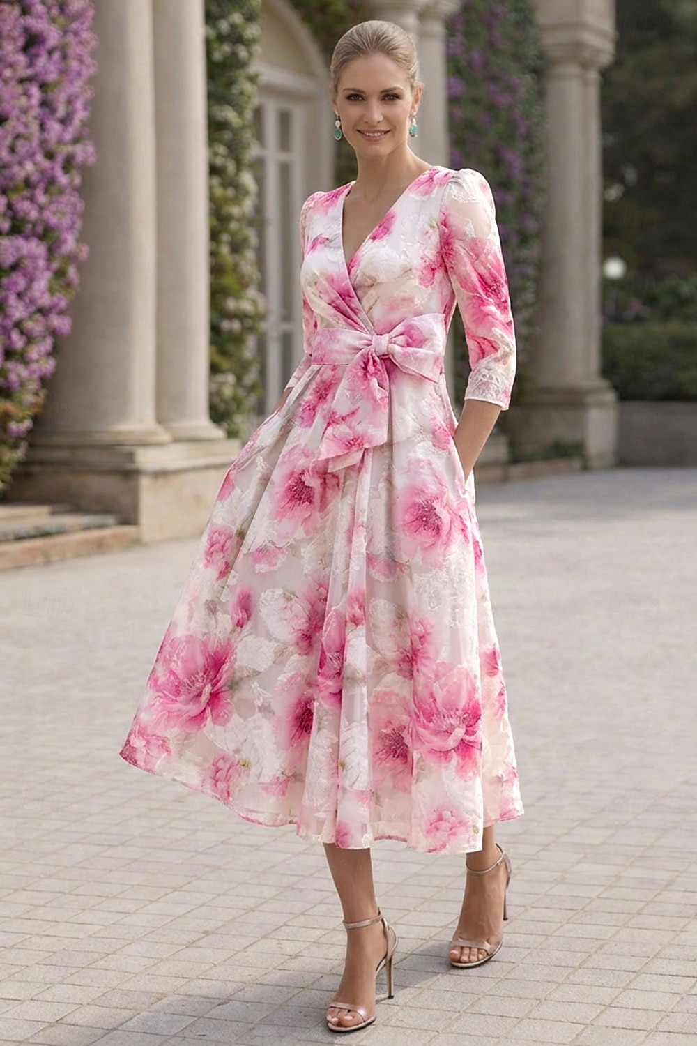 Linha A Até o Tornozelo Longuette Vestido floral Vestidos de cocktail Elegante Floral Semi-formal / Coquetel Manga 3/4 Decote V Festa de Jardim Casamento Organza Jacquard com Estampa floral Pregas de 2026 por $194.99 –P1