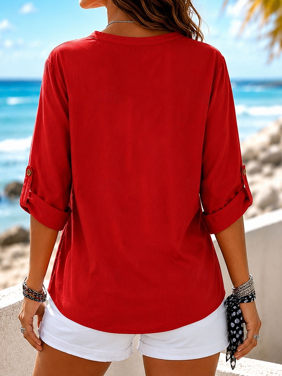Per donna Camicia di lino Blusa Tinta unica Vintage Elegante Classico Manica Lunga Henry Collar Top Regolari Casuale Quotidiano Rosso Estate Autunno del 2026 a $15.99 –P5