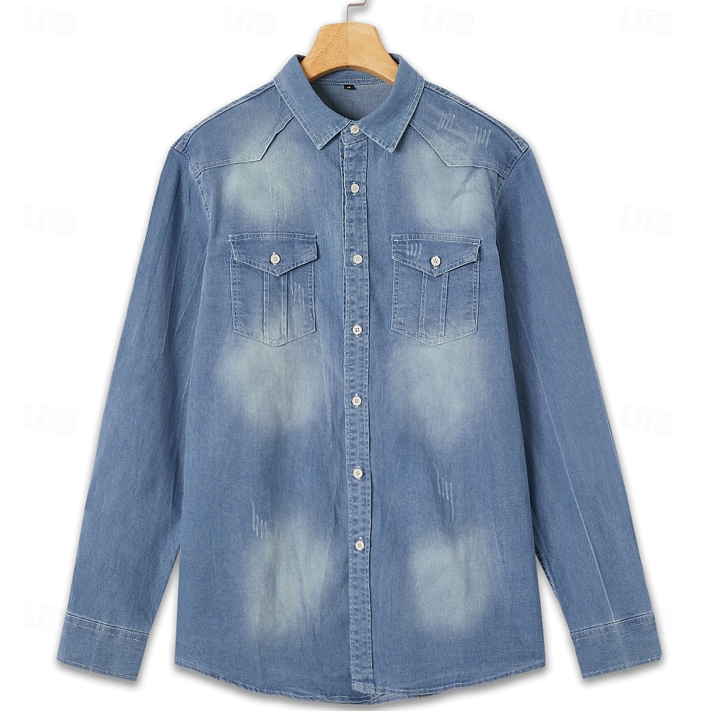 Men's Shirt Chambray Shirt Calico Shirt Button Up Shirt Casual Shirt Denim Shirt Denim Blue Black Dark Navy Blue Long Sleeve Plain Collar Daily Vacation Clothing Apparel Cotton Fashion Casual 2026 - $37.99 –P7