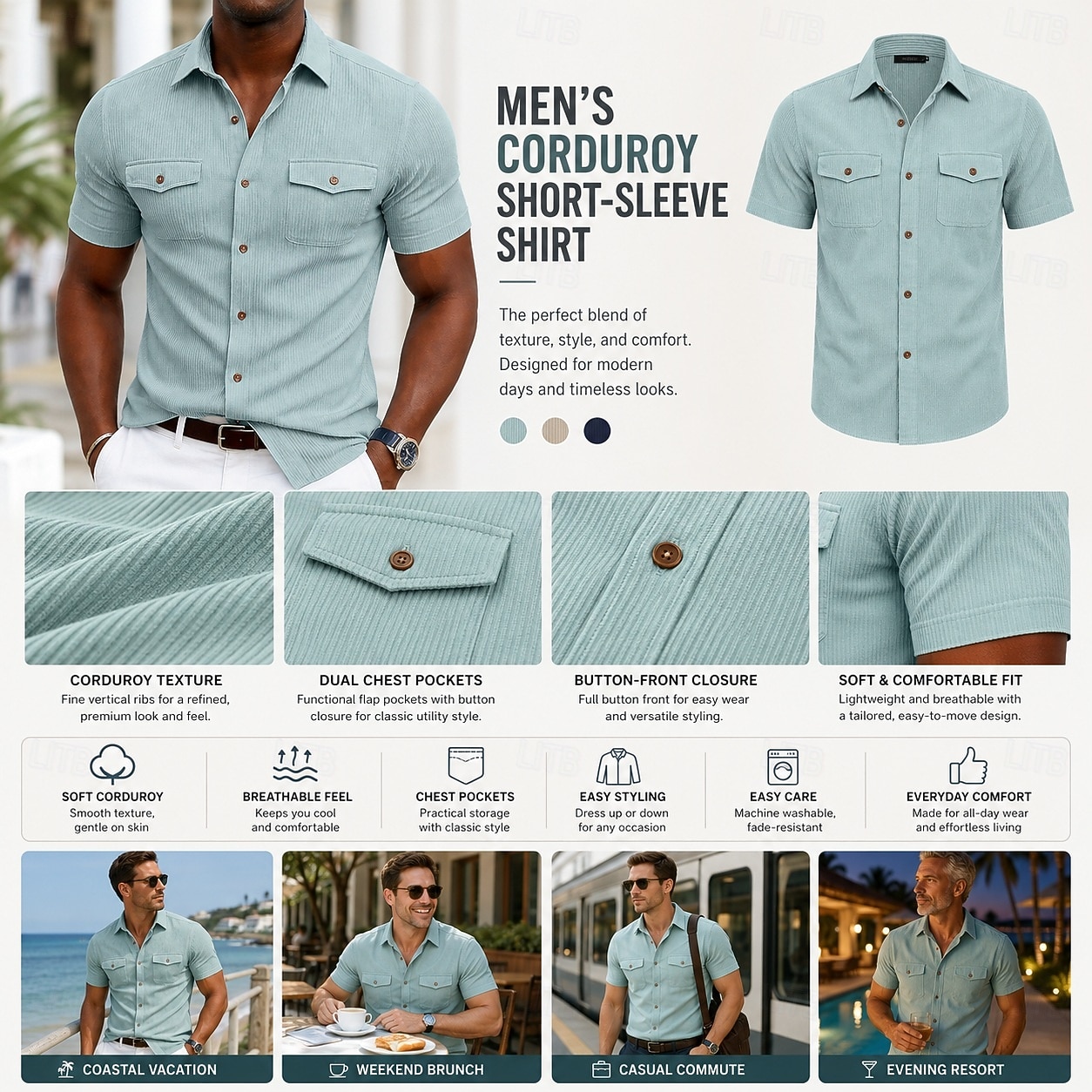 Per uomo Camicia Camicia casual Camicia di Velluto a Coste Camicia con Bottoni Nero Bianco Giallo Blu marino Marrone Manica Corta Semplice Testurizzato Colletto a Camicia Casuale Quotidiano Tasca del 2026 a $25.99 –P2