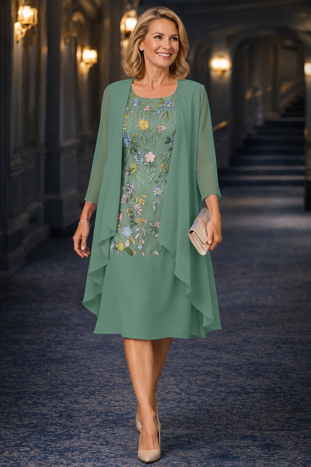 Două Piese Linia -A Lungimea ceaiului Rochie Mama Miresei Lungime Manșon 3/4 Manșon Jumate Scoateți gâtul Elegant Simplu Casual Oficial Invitat la nunta Petrecere Logodnă Șifon Dantelă Rochii jacheta 2026 - $148.99 –P1