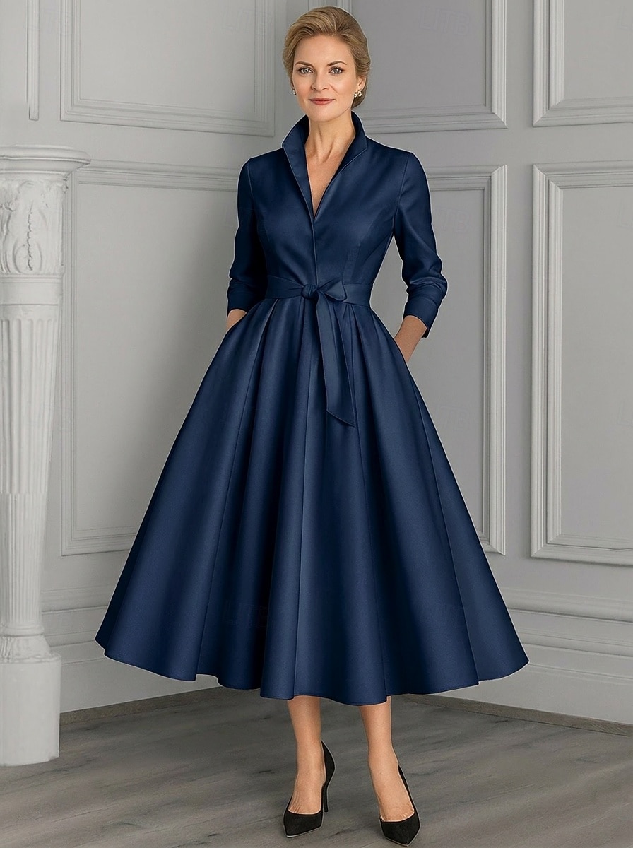 Linha A Até o Tornozelo Vestido de festa Vestido Coquetel Vestido de convidada de casamento Vestido Para Mãe dos Noivos Manga Longa Decote V Elegante Vintage Festa Noite Formal Festa de Casamento de 2026 por $91.99 –P7