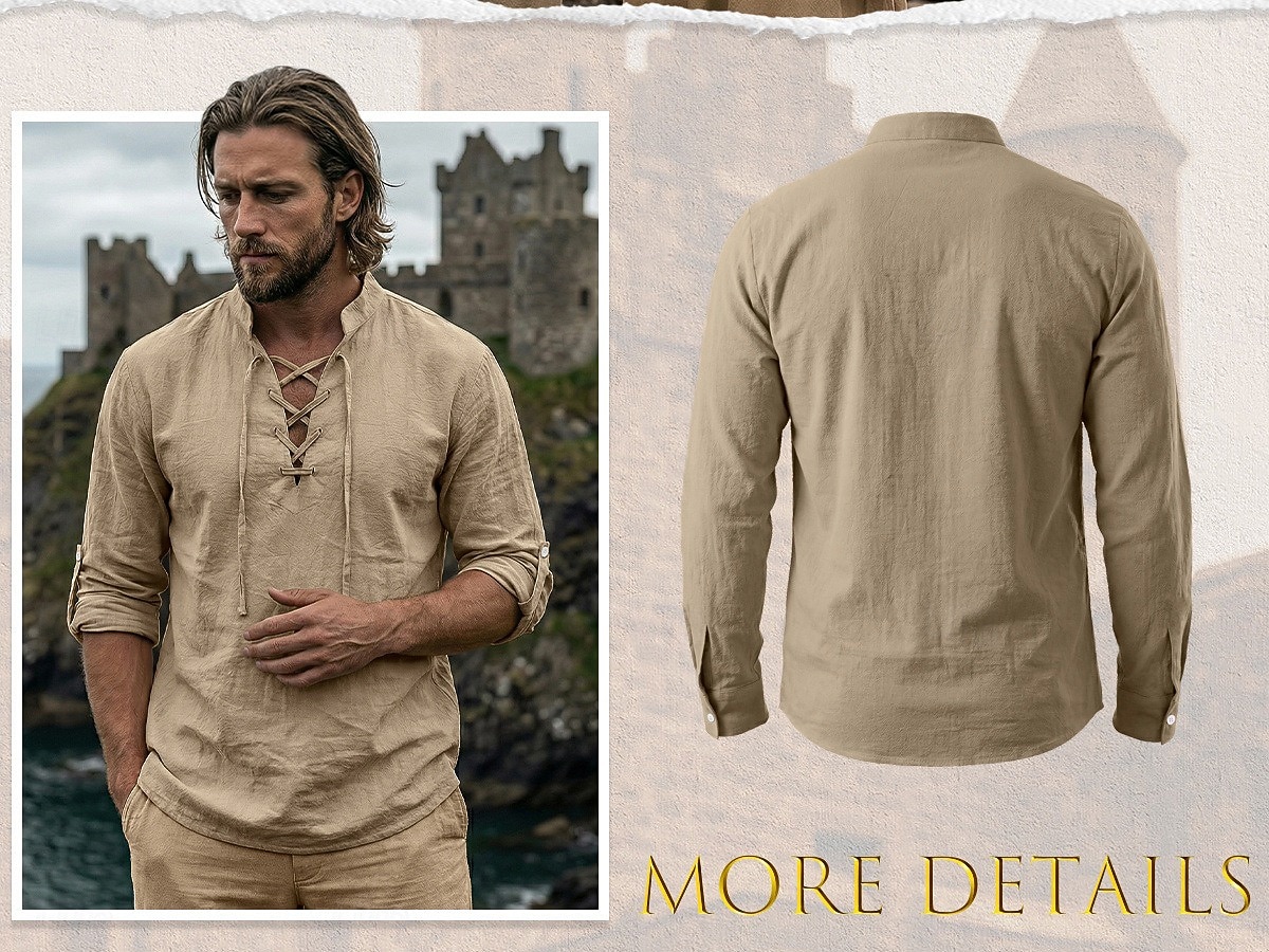 Herren Hemd Leinenhemd Wikinger-Stil Popover-Hemd Sommerhemd Stehkragenhemd Einfach Lässig Urlaub Schwarz Weiß Grün Khaki Langarm V Ausschnitt Sommer Frühling Bekleidung Kordelzug 2026 - $25.99 –P2
