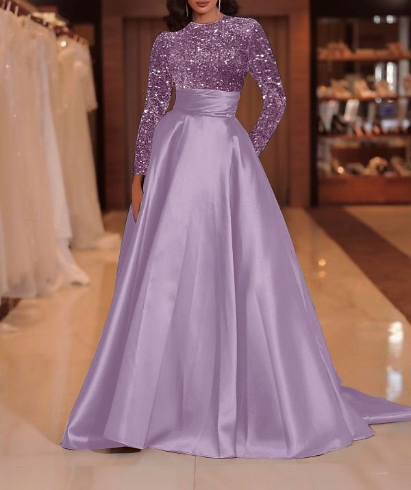 A-Line Court Train Floor Length Evening Gown Ball Gown Formal Dress Elegant Sparkle & Shine Long Sleeve High Neck Evening Party Christmas Fall Wedding Guest Satin Sequined with Sequin 2026 - $137.99 –P16