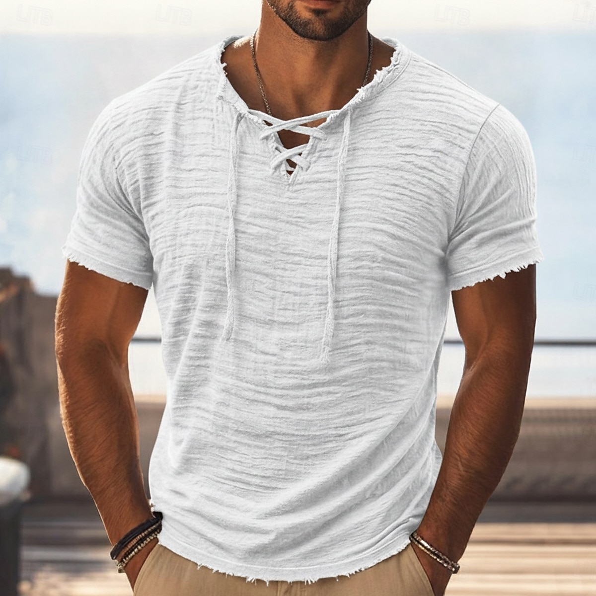 Per uomo Maglietta Maglietta di cotone Manica Corta Collo con lacci Estate Primavera Tutte le stagioni Tinta unica Semplice Testurizzato Vacanza Vintage Sport Senza bordo Casuale Casa All'aperto del 2026 a $30.99 –P11