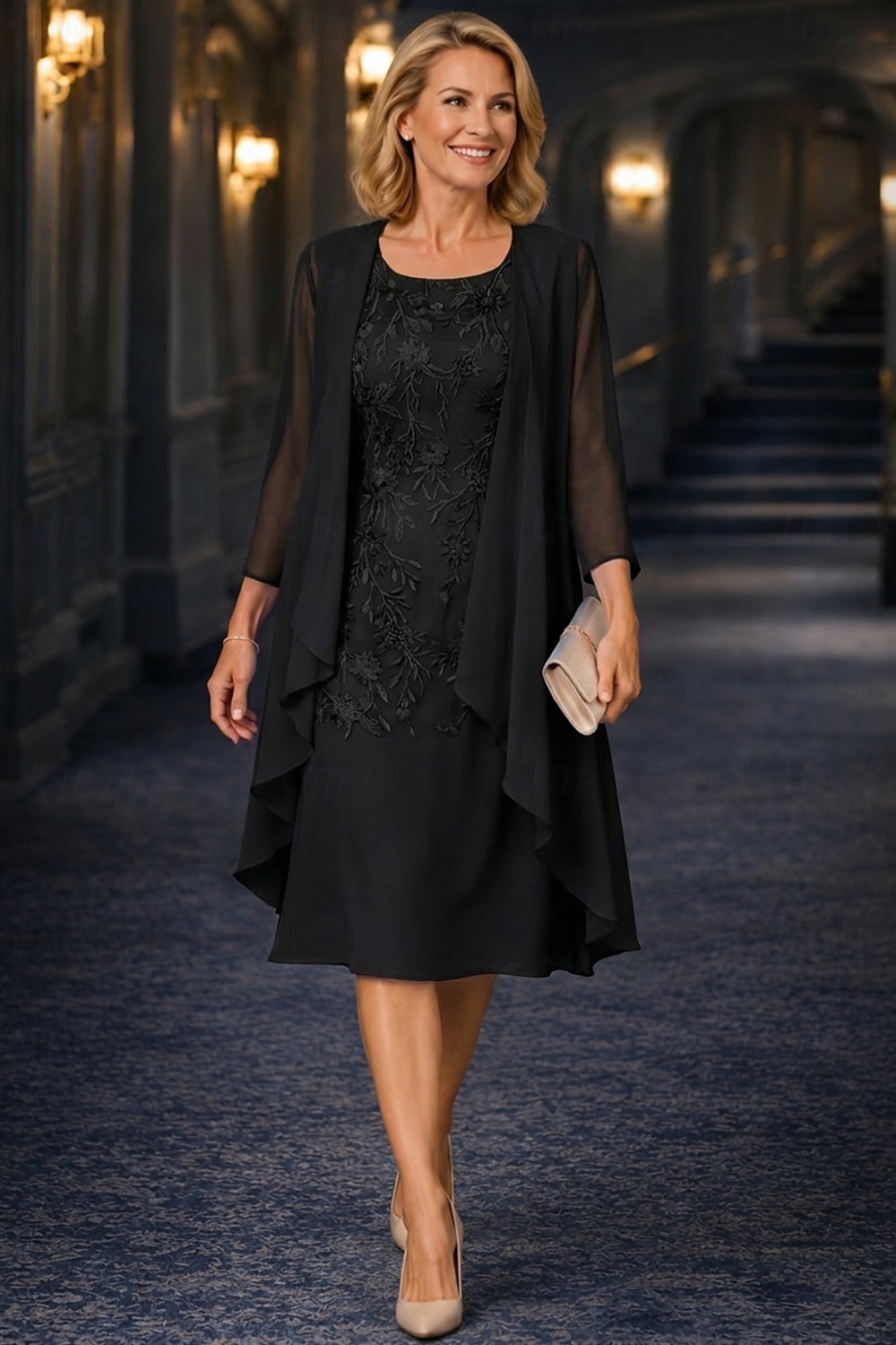 Două Piese Linia -A Lungimea ceaiului Rochie Mama Miresei Lungime Manșon 3/4 Manșon Jumate Scoateți gâtul Elegant Simplu Casual Oficial Invitat la nunta Petrecere Logodnă Șifon Dantelă Rochii jacheta 2026 - $148.99 –P7