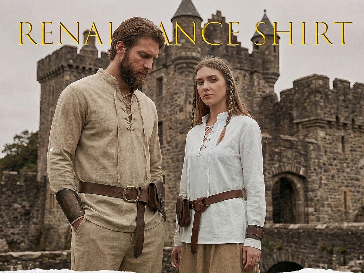 Herren Hemd Leinenhemd Wikinger-Stil Popover-Hemd Sommerhemd Stehkragenhemd Einfach Lässig Urlaub Schwarz Weiß Grün Khaki Langarm V Ausschnitt Sommer Frühling Bekleidung Kordelzug 2026 - $25.99 –P1