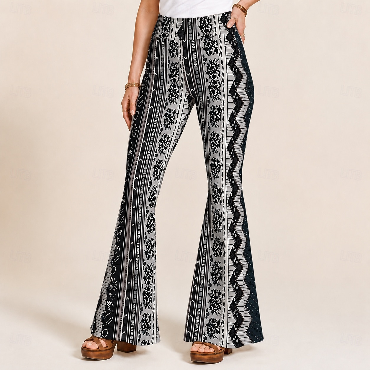 Retro Antiguo Hippie Años 70 Longitud Larga Tipo Canguelo Los pantalones de campana Hippie Disco Estampado Ajustado / Acampanado Disfraz Mujer Víspera de Todos los Santos Carnaval Festival de Música 2026 - $30.99 –P9