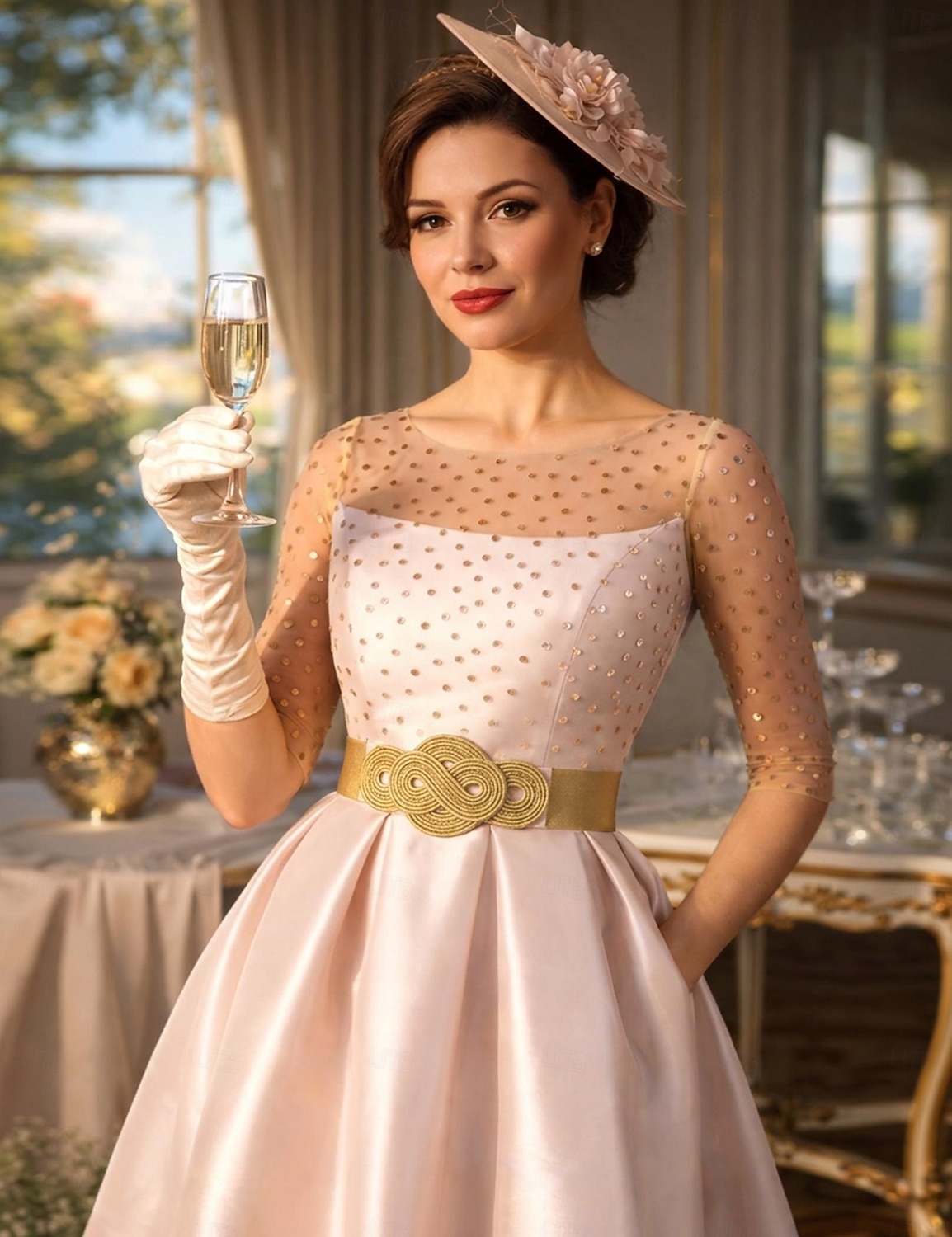 Linia -A Lungime Genunchi Rochii de bal Elegant 1950 Manșon Jumate Bijuterie Invitat la nunta Kentucky Derby Buzunar Satin cu Buton Buzunar 2026 - $160.99 –P3