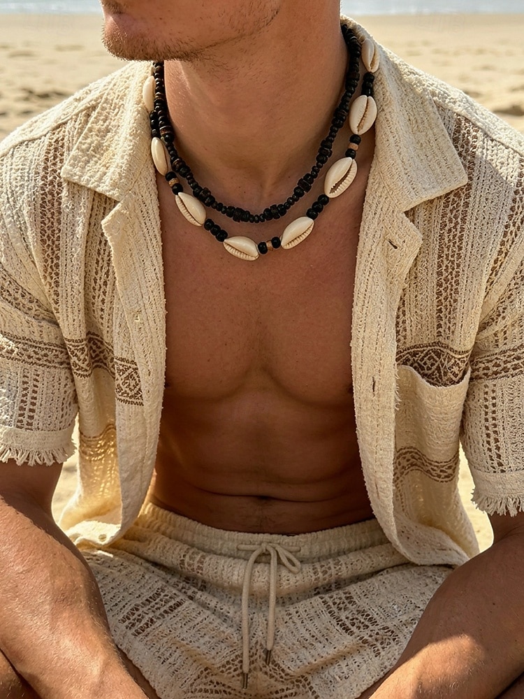 Collier bohème de plage pour homme, à plusieurs rangs, perles de bois &Collier double rang de coquillages, idéal pour les vacances d'été, les séjours en station balnéaire, les festivals, les voyages de 2026 ? $11.99 –P2