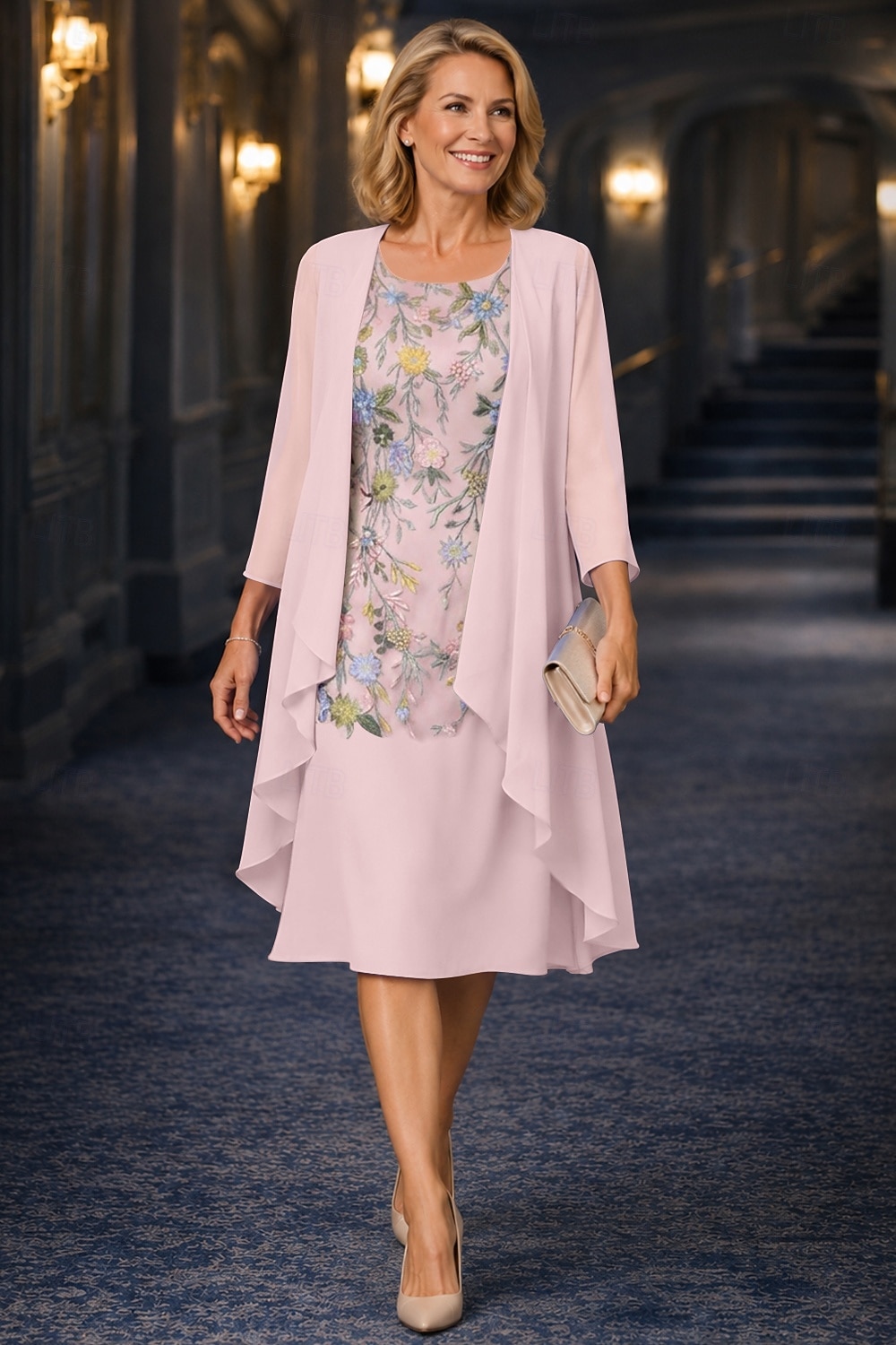 Două Piese Linia -A Lungimea ceaiului Rochie Mama Miresei Lungime Manșon 3/4 Manșon Jumate Scoateți gâtul Elegant Simplu Casual Oficial Invitat la nunta Petrecere Logodnă Șifon Dantelă Rochii jacheta 2026 - $148.99 –P8