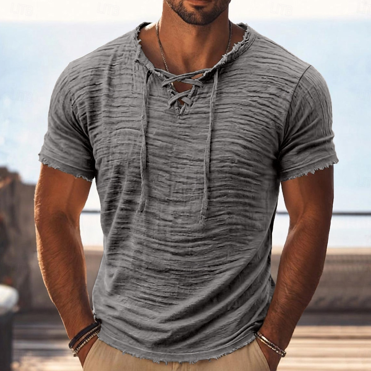 Per uomo Maglietta Maglietta di cotone Manica Corta Collo con lacci Estate Primavera Tutte le stagioni Tinta unica Semplice Testurizzato Vacanza Vintage Sport Senza bordo Casuale Casa All'aperto del 2026 a $30.99 –P8
