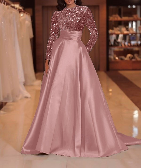 A-Line Court Train Floor Length Evening Gown Ball Gown Formal Dress Elegant Sparkle & Shine Long Sleeve High Neck Evening Party Christmas Fall Wedding Guest Satin Sequined with Sequin 2026 - $137.99 –P15