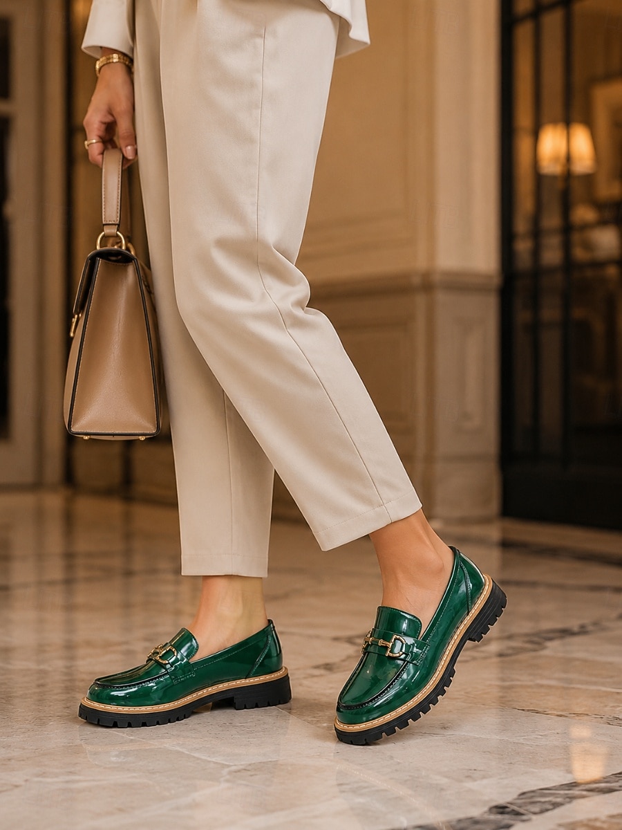 mörkgröna damloafers i lackkonstläder - eleganta horsebit slip-on-skor med låg sula för daglig kontorspendling, professionella arbetskläder 2026 - $29.99 –P2