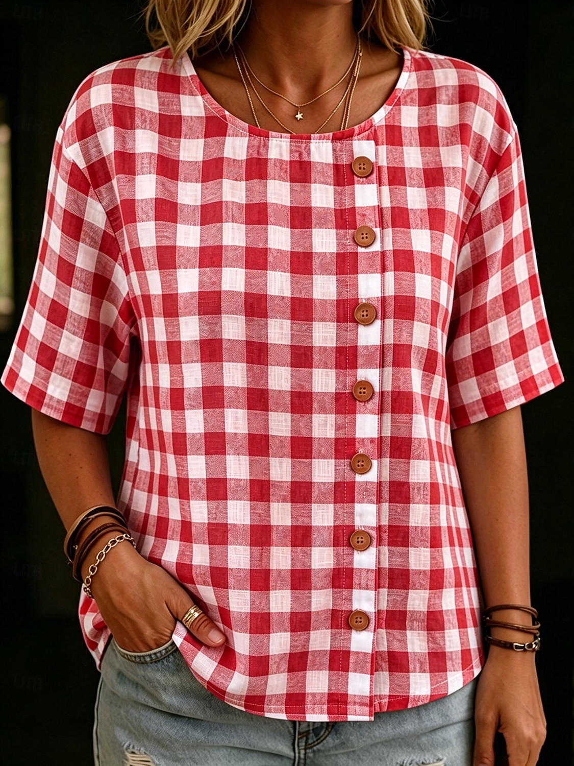 Bluză de vară pentru femei, albastru-alb, cu model gingham, decolteu rotund, asimetrică, cu nasturi din lemn, mânecă scurtă, ușoară, lejeră, respirabilă, casual 2026 - $26.99 –P6