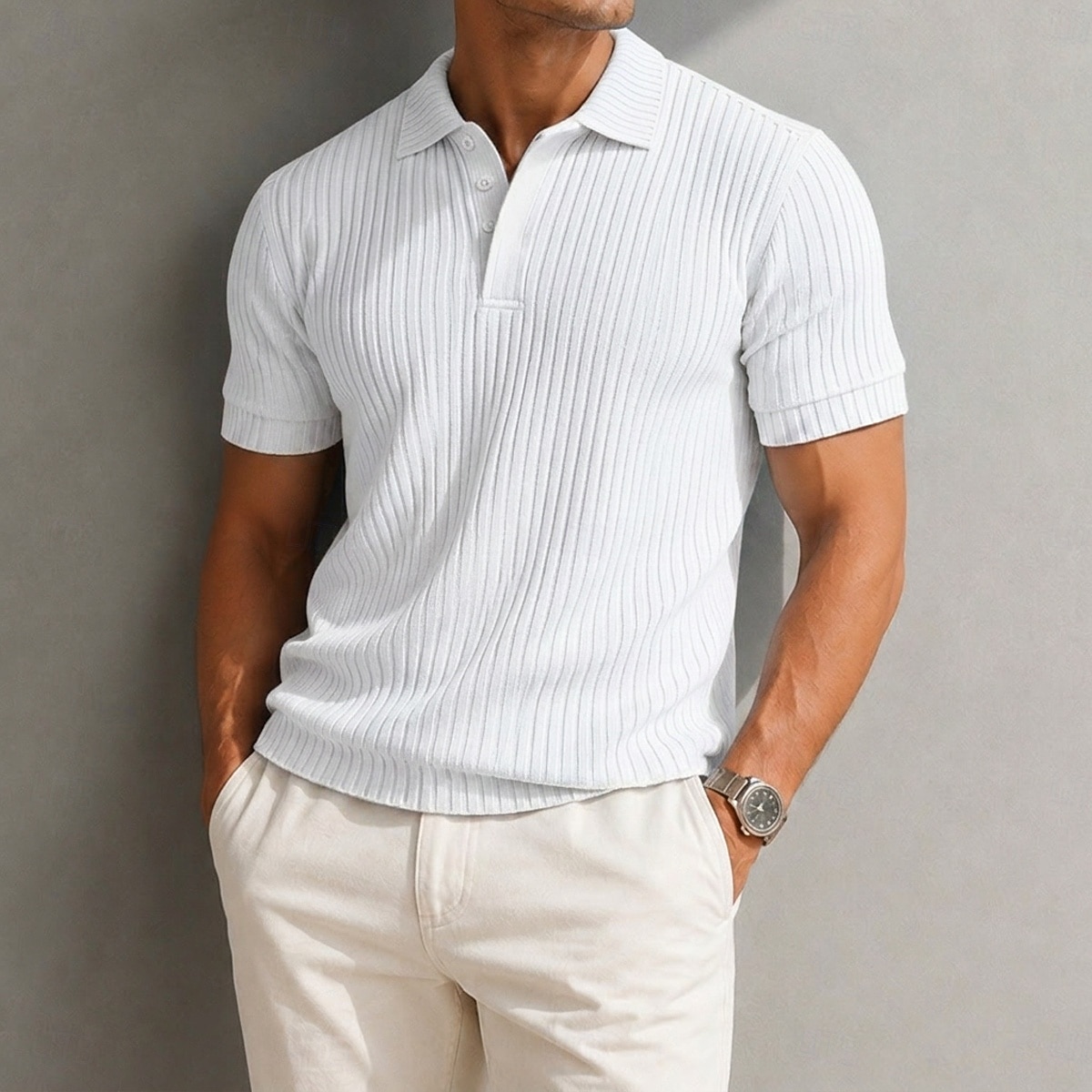Hombre Top de punto acanalado Con Texturas Casual Trabajo Diseño Cuello polo acanalado Manga Corta Básico Moderno Plano Con Texturas Botones De Punto Primavera verano Azul Piscina Blanco Azul Marino 2026 - $35.99 –P8