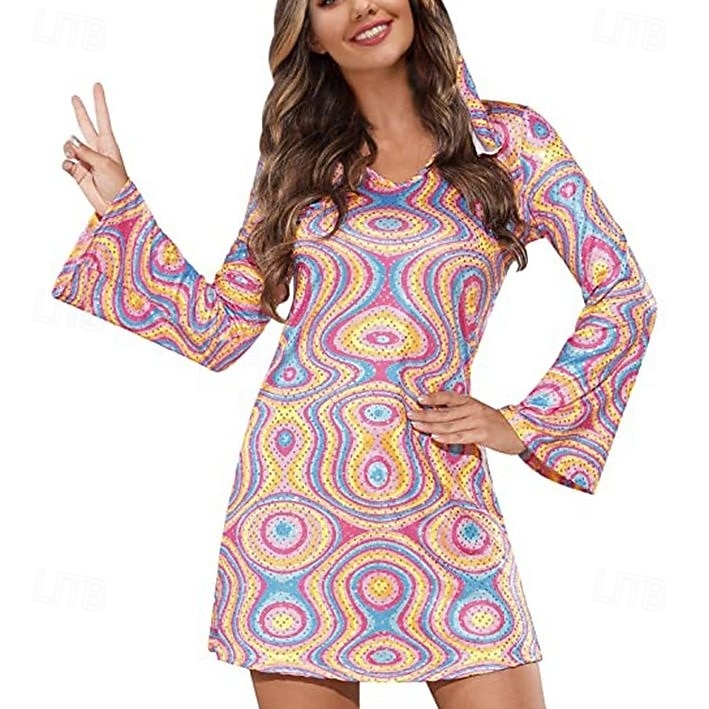 Rétro Vintage Hippie Années 1970 Robe Manches Evasées Hippie Géométrique Déguisement Femmes Mascarade Soirée & Fête Défilé de la Fierté Mois des Fiertés Adulte Robe de 2026 ? $30.99 –P3