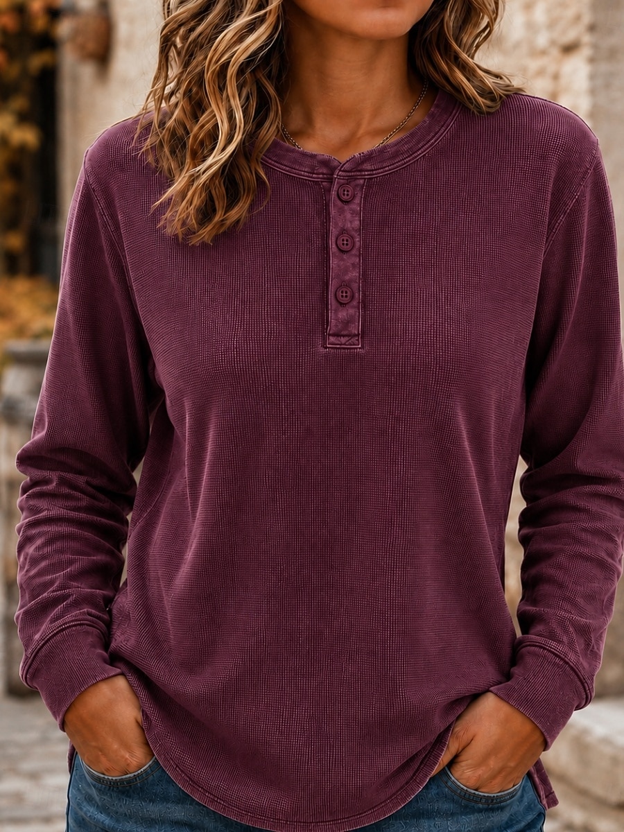 Per donna Camicia a nido d'ape Cotone lavato Pullover Tinta unica Casual Manica Lunga Henry Collar Top Regolari Casuale Nero Verde scuro Mattone rosso Blu scuro Beige Autunno Inverno del 2026 a $37.99 –P2