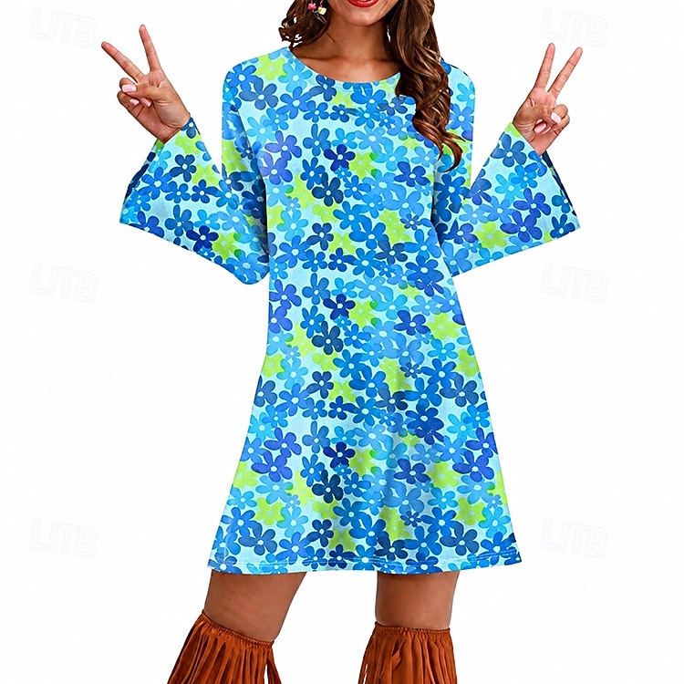 1970s fancy dress ladies Retro Vintage Disco 70s Dress Women 70s Outfits Flare Cuff Sleeve Hippie Printing womens 70s party outfit
