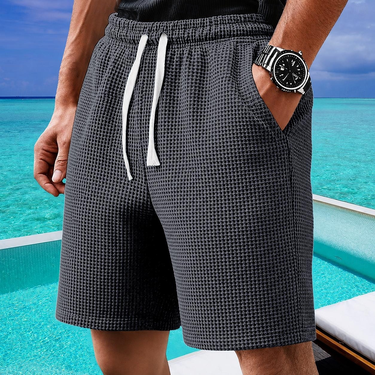 Homens Calções Waffle Calção Shorts de verão Shorts casuais Com Cordão Bolsos Cintura elástica Tecido Conforto Respirável Curto Ao ar livre Férias Desporto Casual Preto Branco Micro-Elástica de 2026 por $23.99 –P8
