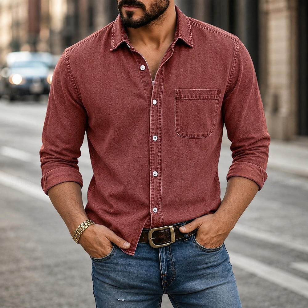 Masculino Camisa Social Camisa casual Tingimento em peça Camisa Acid Wash Preto Vinho Azul Marinha Roxo Verde Manga Longa Tecido Colarinho de Camisa Casual Diário Botão para baixo Roupa Algodão de 2026 por $31.99 –P11