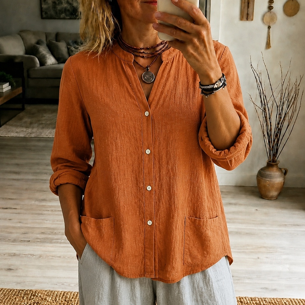 Chemisier à col henley pour femme, coupe ample et décontractée, manches longues, fermeture boutonnée et poches de 2026 ? $26.99 –P1