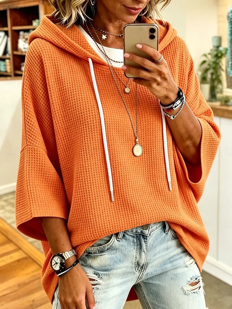 Mujer Sudaderas Retazos Plano Moda Casual Manga 3/4 Con Capucha Tops regulares Casual Calle Blanco Negro Rojo Naranja Primavera Otoño 2026 - $33.99 –P3