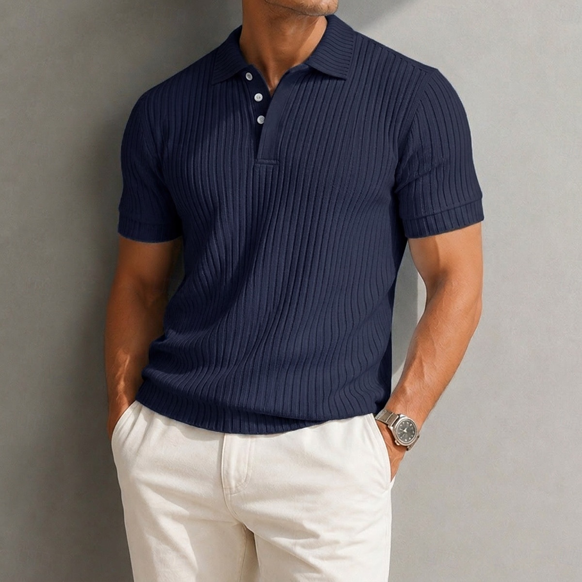 Hombre Top de punto acanalado Con Texturas Casual Trabajo Diseño Cuello polo acanalado Manga Corta Básico Moderno Plano Con Texturas Botones De Punto Primavera verano Azul Piscina Blanco Azul Marino 2026 - $35.99 –P9