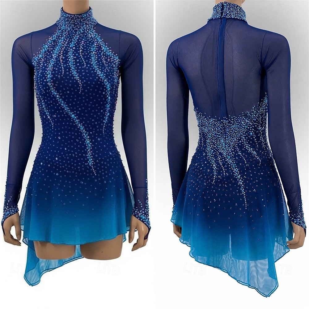 Rochie de Patinaj Artistic Pentru femei Πατινάζ στο πάγο Rochii Bleumarin Peteci Tiv Asimetric Înaltă Elasticitate Antrenament Competiție Ținută Patinaj Clasic Cristale / Strasuri Manșon Lung Patinaj 2026 - $264.69 –P1