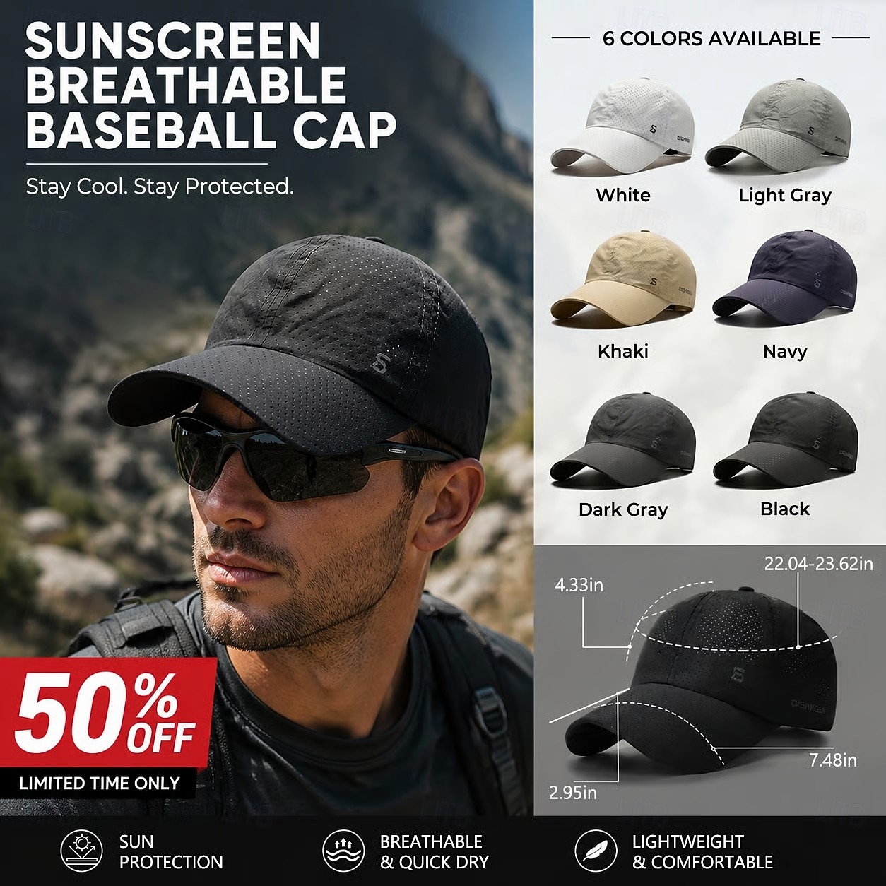 Boné de beisebol masculino respirável com protetor solar, ideal para corrida, leve e de secagem rápida, perfeito para atividades ao ar livre como pesca, caminhadas, golfe, tênis, exercícios e esportes de verão. de 2026 por $15.99 –P3
