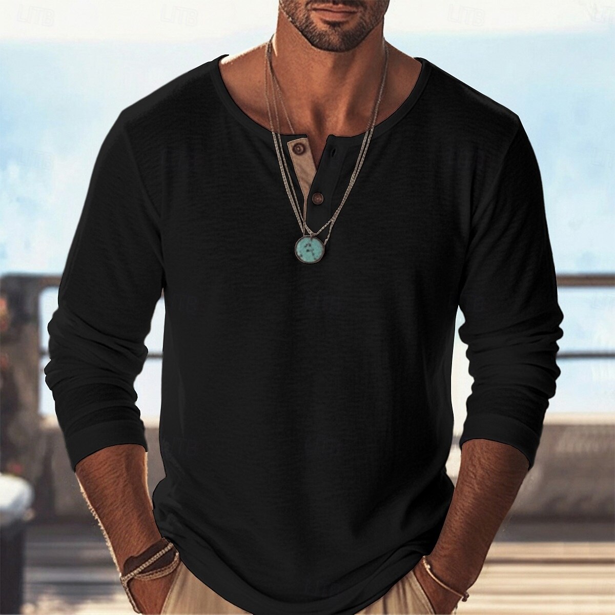 Men's Henley Shirt Henley Top Cotton Blend T-Shirt Long Sleeve Solid ...
