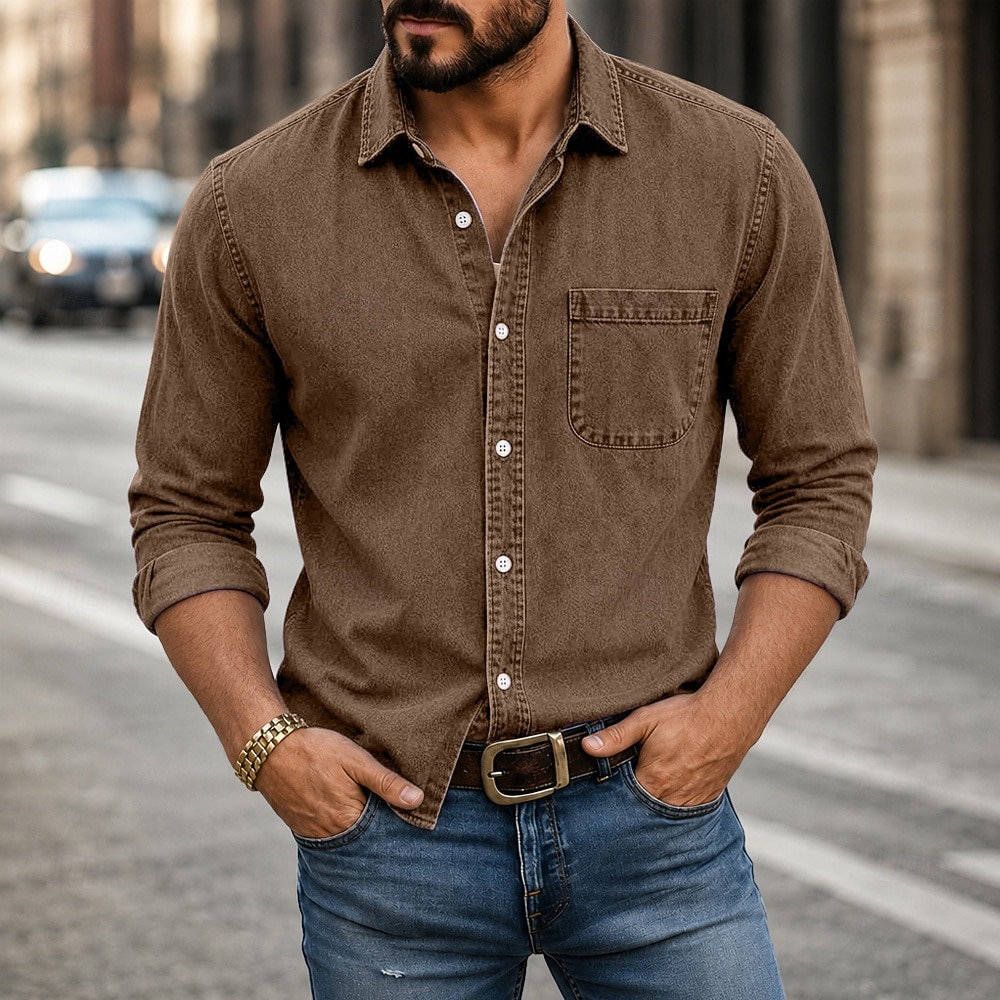 Masculino Camisa Social Camisa casual Tingimento em peça Camisa Acid Wash Preto Vinho Azul Marinha Roxo Verde Manga Longa Tecido Colarinho de Camisa Casual Diário Botão para baixo Roupa Algodão de 2026 por $31.99 –P14