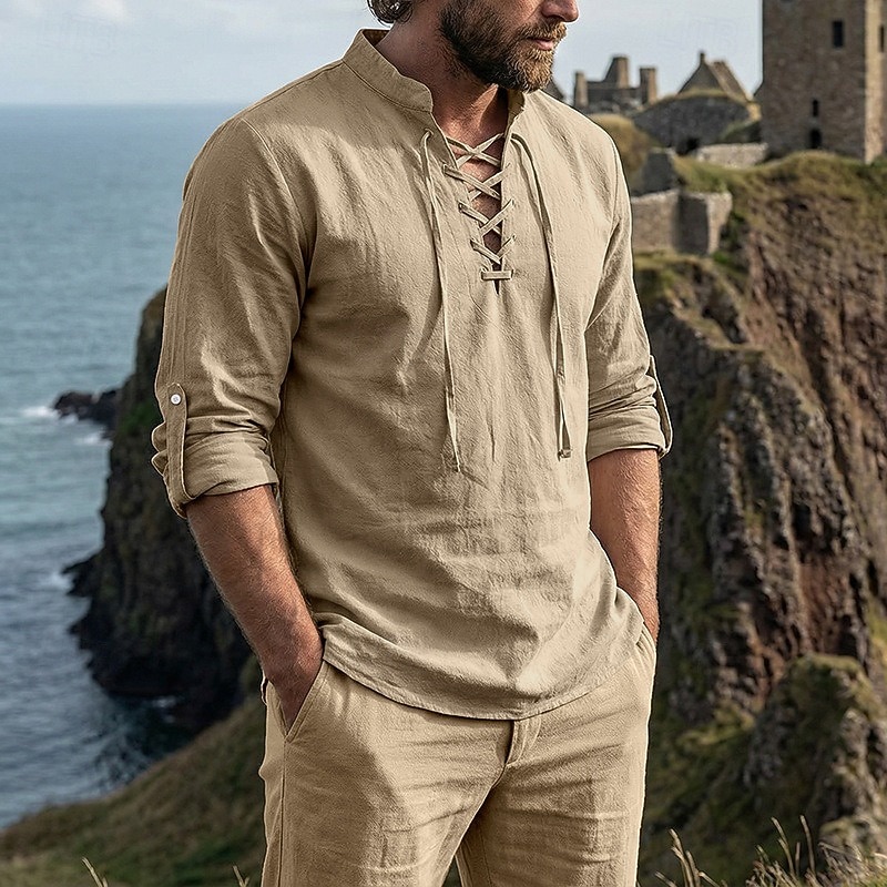 Herren Hemd Leinenhemd Wikinger-Stil Popover-Hemd Sommerhemd Stehkragenhemd Einfach Lässig Urlaub Schwarz Weiß Grün Khaki Langarm V Ausschnitt Sommer Frühling Bekleidung Kordelzug 2026 - $25.99 –P4