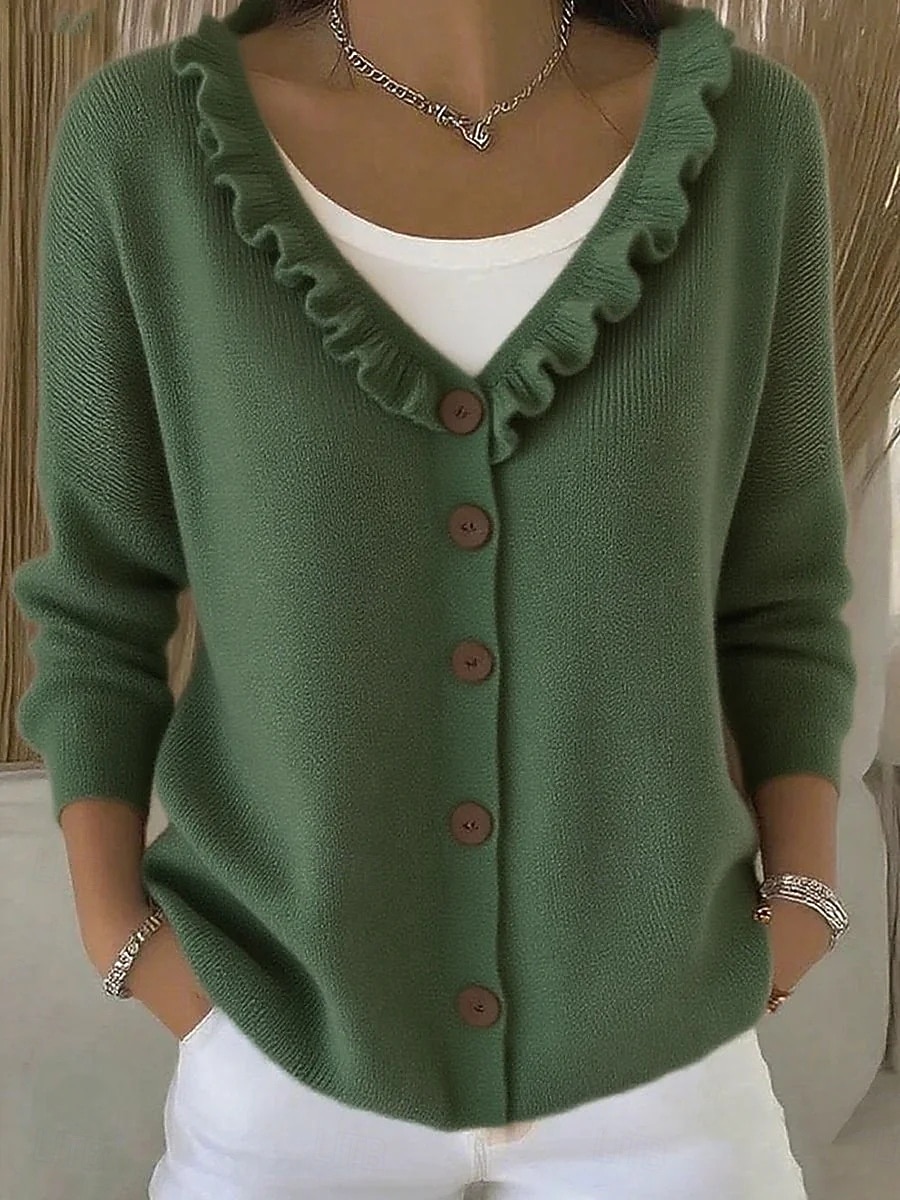 Cardigan da donna con scollo a V e volant, abbottonatura frontale - maglione casual in morbida maglia del 2026 a $41.99 –P5