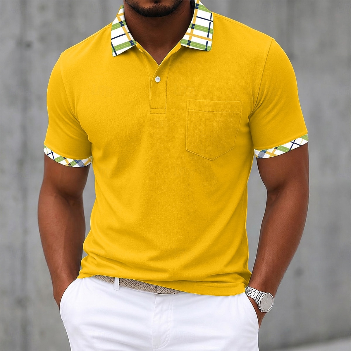 Hombre Camiseta de golf Camisetas polo piqué Casual Negocio Clásico Manga Corta Moda Básico Color sólido Plaid Botones Verano Primavera Primavera & Otoño Ajuste regular Blanco Amarillo Azul Marino 2026 - $21.99 –P7